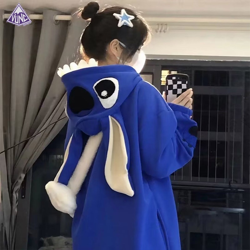 Áo Khoác sweater Có Mũ Trùm Dáng Rộng In Hoạt Hình Stitch Dễ Thương Hợp Thời Trang