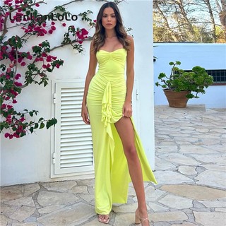 LanLanLo Nữ Màu Trơn Thời Trang Dây Tắt Vai Ruched Slit Slim Fit Đầm