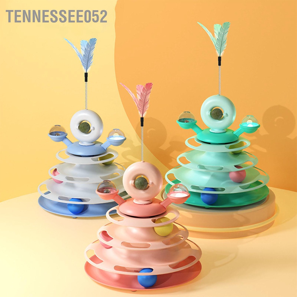 Tháp bóng 4 tầng cho mèo gắn lông vũ - Đồ chơi bàn xoay cho mèo giảm stress thư giãn cho thú cưng