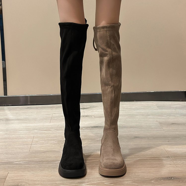 Giày Bốt Da Lộn Gót Dày Mũi Tròn Cột Dây Sau Lưng Chất Liệu Co Giãn Thoáng Khí Thời Trang Mùa Đông Cho