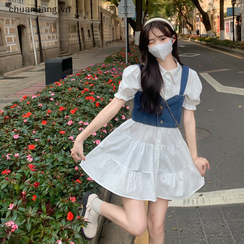 Đầm Denim Mini Dáng Chữ A Tay Phồng Lưng Cao Thời Trang Mùa Hè Cho Nữ