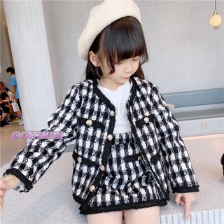 Catimini set áo khoác len sọc caro trắng đen + chân váy phong cách hàn quốc cho nữ