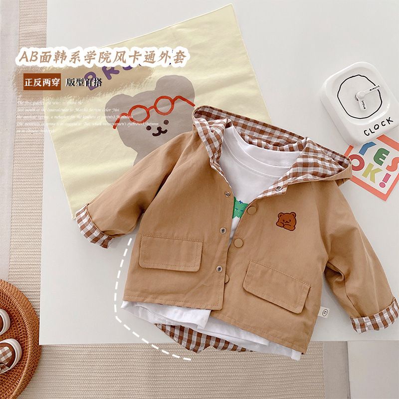 Áo Khoác Kẻ Sọc Ca Rô Hai Mặt In Hoạ Tiết Hoạt Hình Phong Cách Hàn Quốc Dành Cho