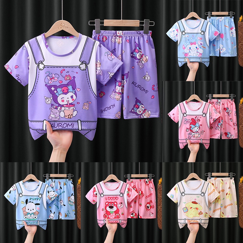 Sanrio Bộ Đồ Ngủ Gấu Dâu Ngắn Tay Vải Mỏng In Hoạt Hình Kuromi Dễ Thương Pijama Cho Bé Gái