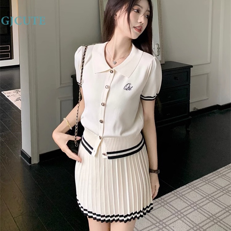 Gjcute preppy style set ngắn tay dệt kim áo khoác nữ mùa hè xếp ly nửa váy phù hợp với wtd