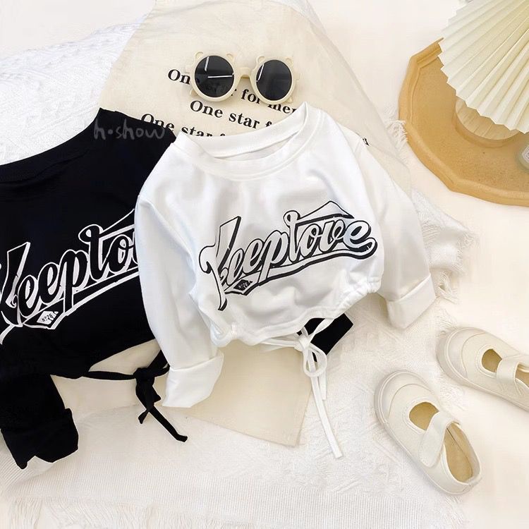 Áo Thun Tay Ngắn Mùa Hè 23 Bằng Vải Cotton Trơn Buộc Dây Eo Thời Trang Đường Phố Cho Bé Gái