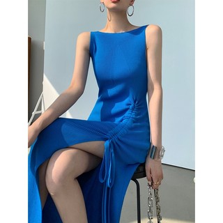 Wangxo Đầm midi Dệt Kim Không Tay Màu Xanh Dương Thời Trang Mùa Hè 2022