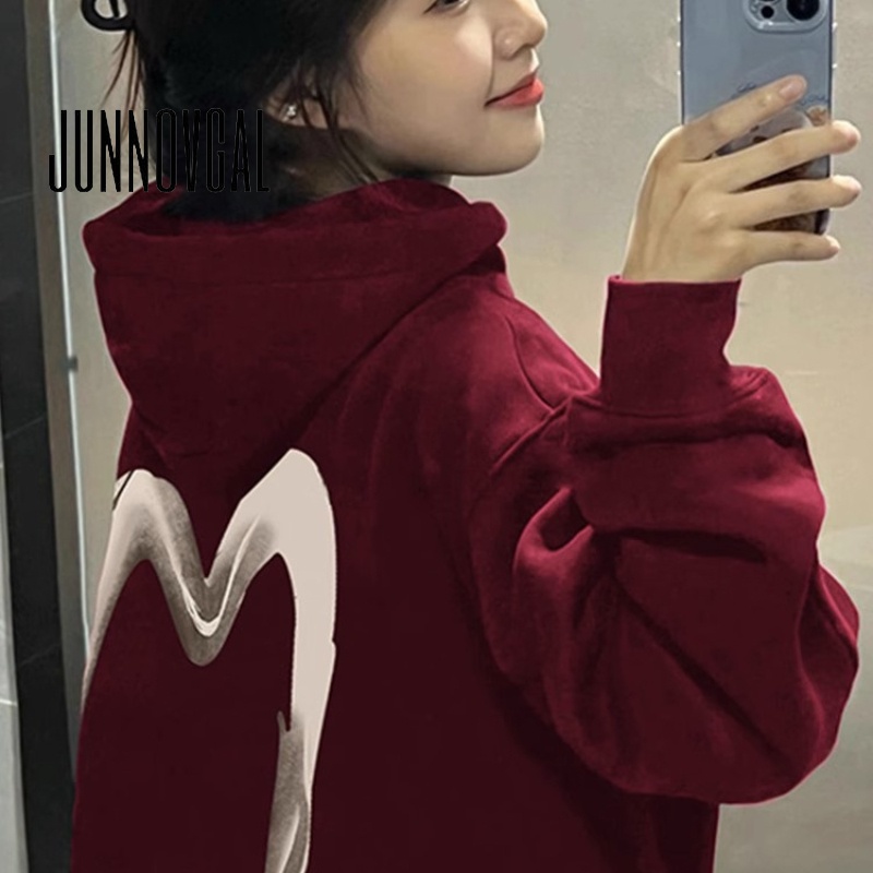 Áo hoodie nữ JUNNOVGAL không cứng co giãn dáng rộng in trái tim lớn thời trang mới