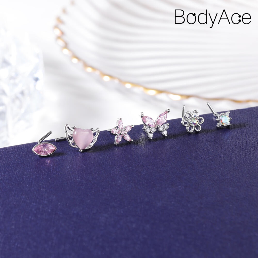 Bodyace 1pc 20g đinh tán mũi bằng thép không gỉ hình dạng l khuyên lỗ mũi pha lê khuyên mũi hình bướm hình dạng hoa đinh tán mũi