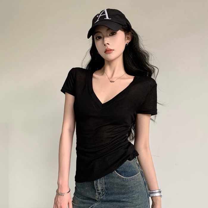 Áo thun COZOK ngắn tay cổ chữ V ôm dáng màu trơn đơn giản thời trang