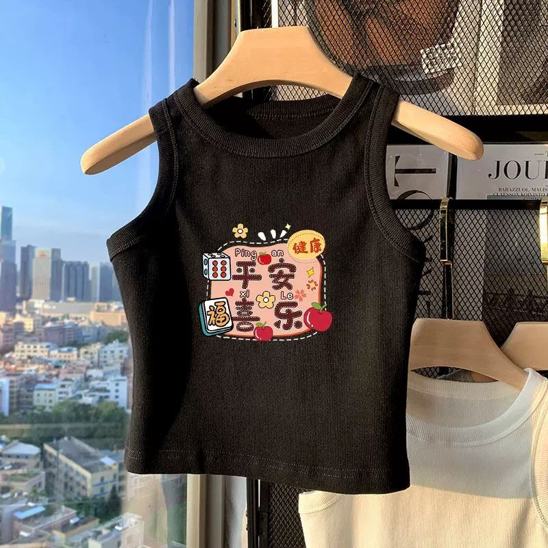 Áo Thun Cotton Không Tay Màu Trơn In Họa Tiết Hoạt Hình Phong Cách Hàn Quốc Dành Cho Bé Gái