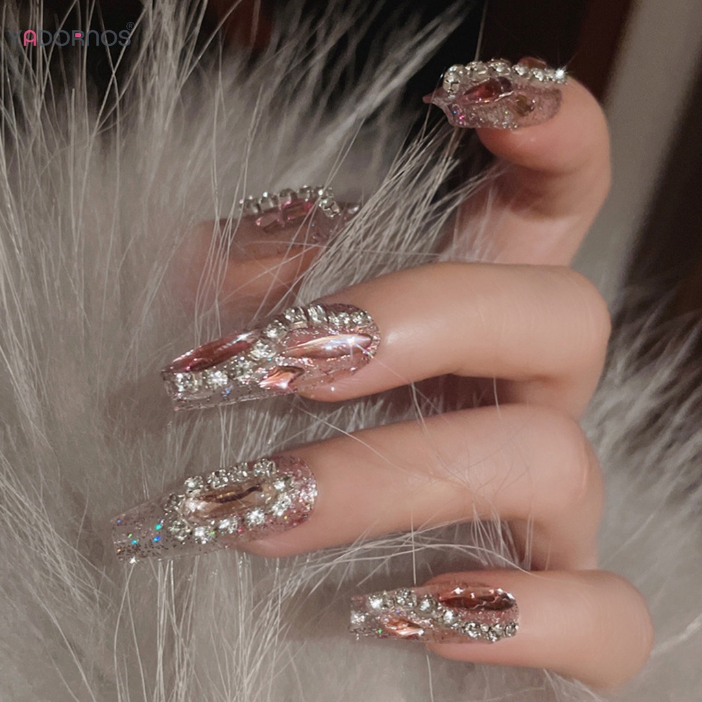 YADORNOS Móng tay giả kiểu pháp màu hồng rhinestone với móng tay không có cạnh và mịn