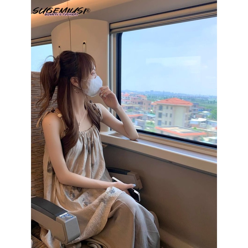 Sugemiusi Đầm Hai Dây Nhuộm Màu Phong Cách Pháp Thời Trang Mùa Hè Cho Nữ