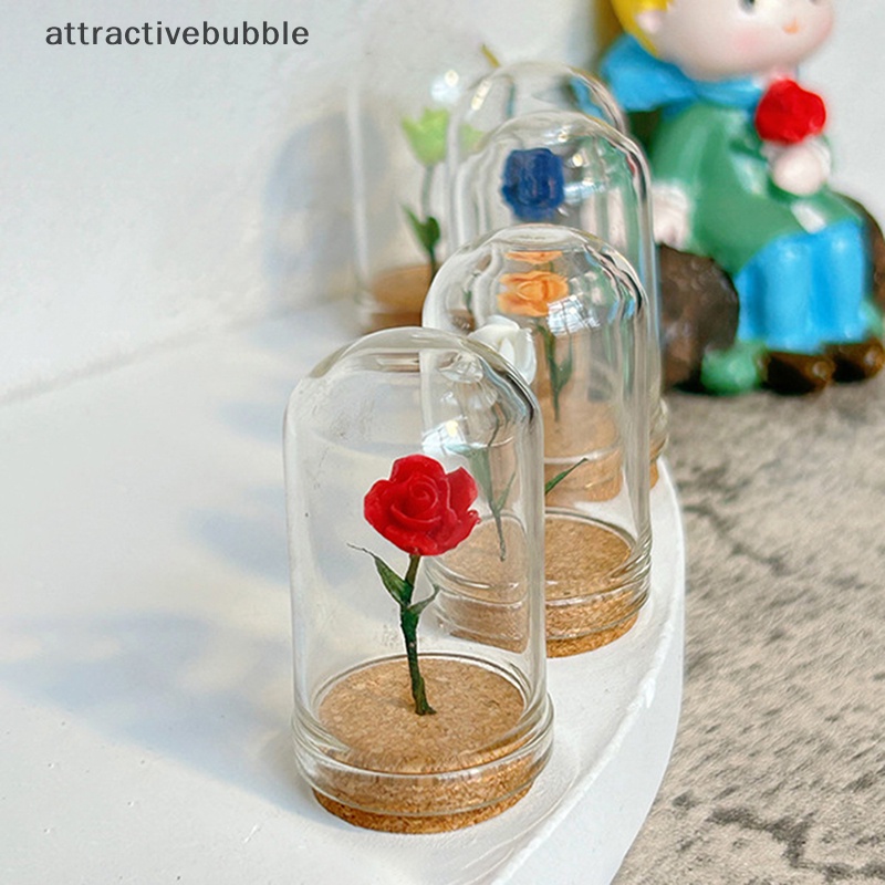 Atvn 1pc dollhouse miniature rose flower glass cover đồ trang trí little prince rose model home desktop decor toy martijn