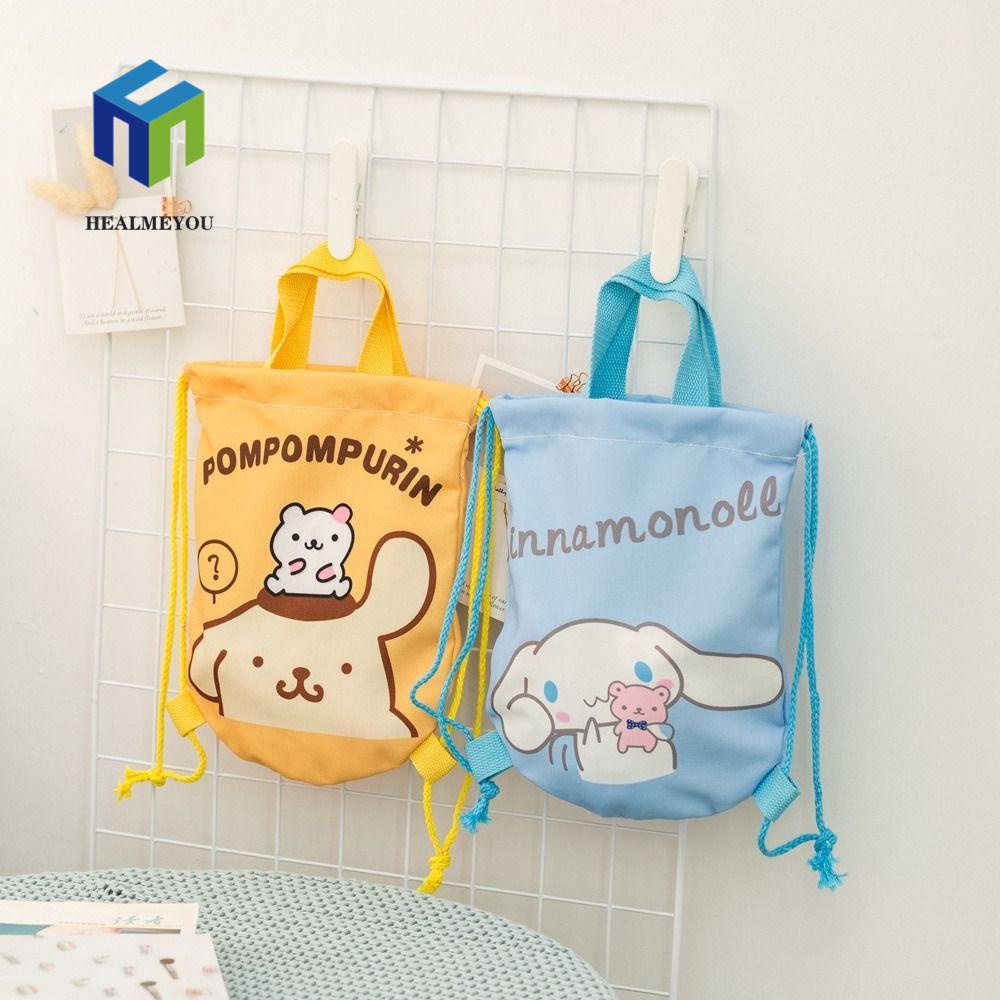 HEALMEYOU Ba Lô Canvas Dây Rút Xếp Gọn Phối Bóng Lông Hoạt Hình Kuromi Ngọt Ngào Cho Trẻ Em Du Lịch