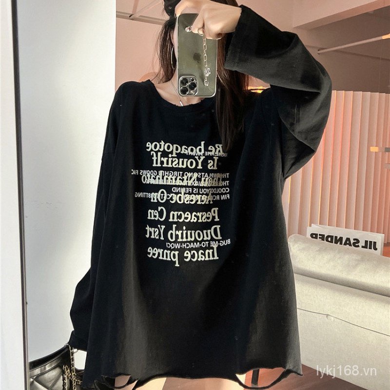Áo sơ mi oversize  thời trang rộng thùng thình plus size t áo sơ mi dài tay mỏng đa năng chữ in oversize t-shirt big size top shirt bm1f