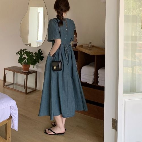 Ready stock phiên bản hàn quốc váy denim tươi mát mùa hè phong cách mới high-end váy tinh tế kích thước lớn hình quả lê lỏng lẻo trông mỏng hơn a-line s