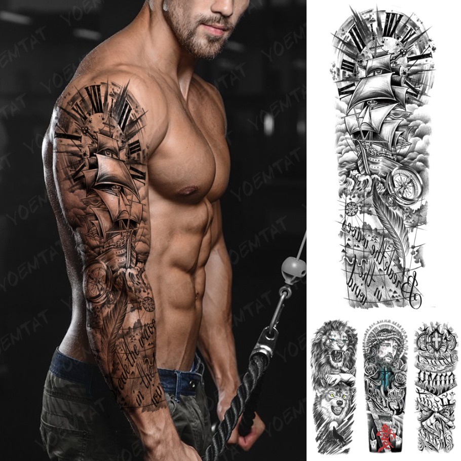 Pirate ship neo lớn đầy đủ cánh tay tay áo không thấm nước hình xăm tạm thời sticker viking đồng hồ la bàn nghệ thuật cơ thể giả tato phụ nữ đàn ông nhiều kiểu dáng
