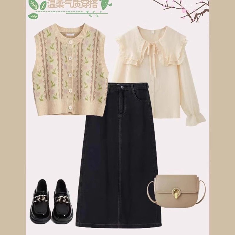 Autumn gentle style wear women 2023 phong cách mới phiên bản hàn quốc thời trang lỏng lẻo giản dị vest áo sơ mi váy ba mảnh phù hợp với#0814#