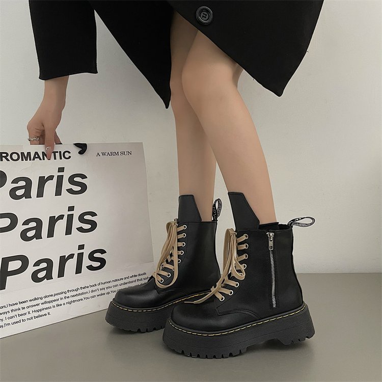 Blackpink cùng phong cách pu nền tảng ngón chân tròn đế martin boots phong cách anh niche ins side zipper dày đế thời trang boots nữ