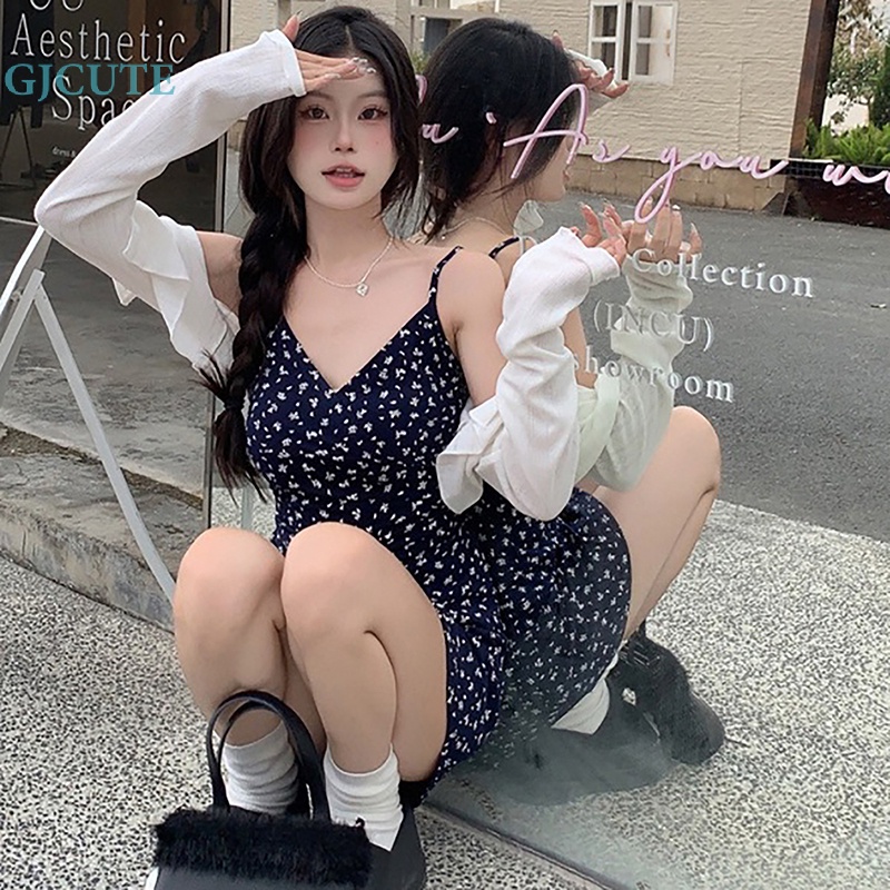 Gjcute vintage floral sling dress phụ nữ mỏng không tay v-cổ váy mini mùa hè wtd