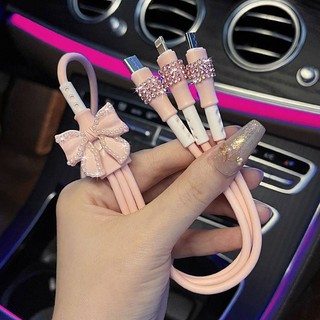 Car Charger Super Fast Charge Advanced Diamond-Embedded Internet Celebrity Dream Girl Car Charging Cable One-to-Three USB Data Cable x5Wo