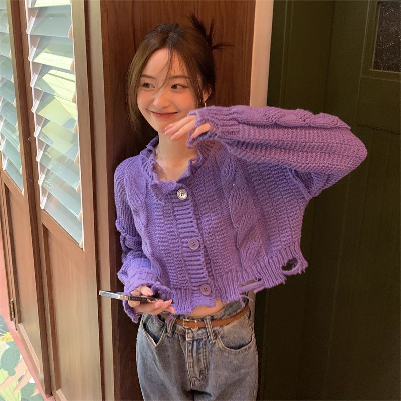 Tua plain torn cardigan edge sweet korean knit cardigan