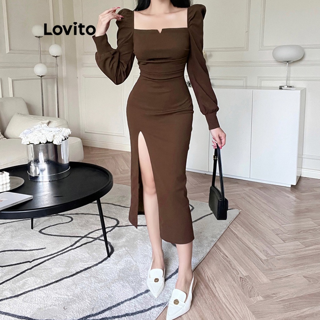 Đầm Lovito cổ vuông tay dài phồng dáng ôm xếp nếp xẻ tà màu trơn thanh lịch cho nữ LNE04027 (màu nâu)