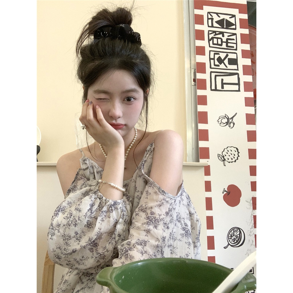 Bộ Đồ Hóa Trang Cô Gái Ngày Tháng Tư Xinh Xắn|Đầm Dài Tay Trễ Vai Họa Tiết Hoa Phong Cách Pháp Ngọt Ngào
