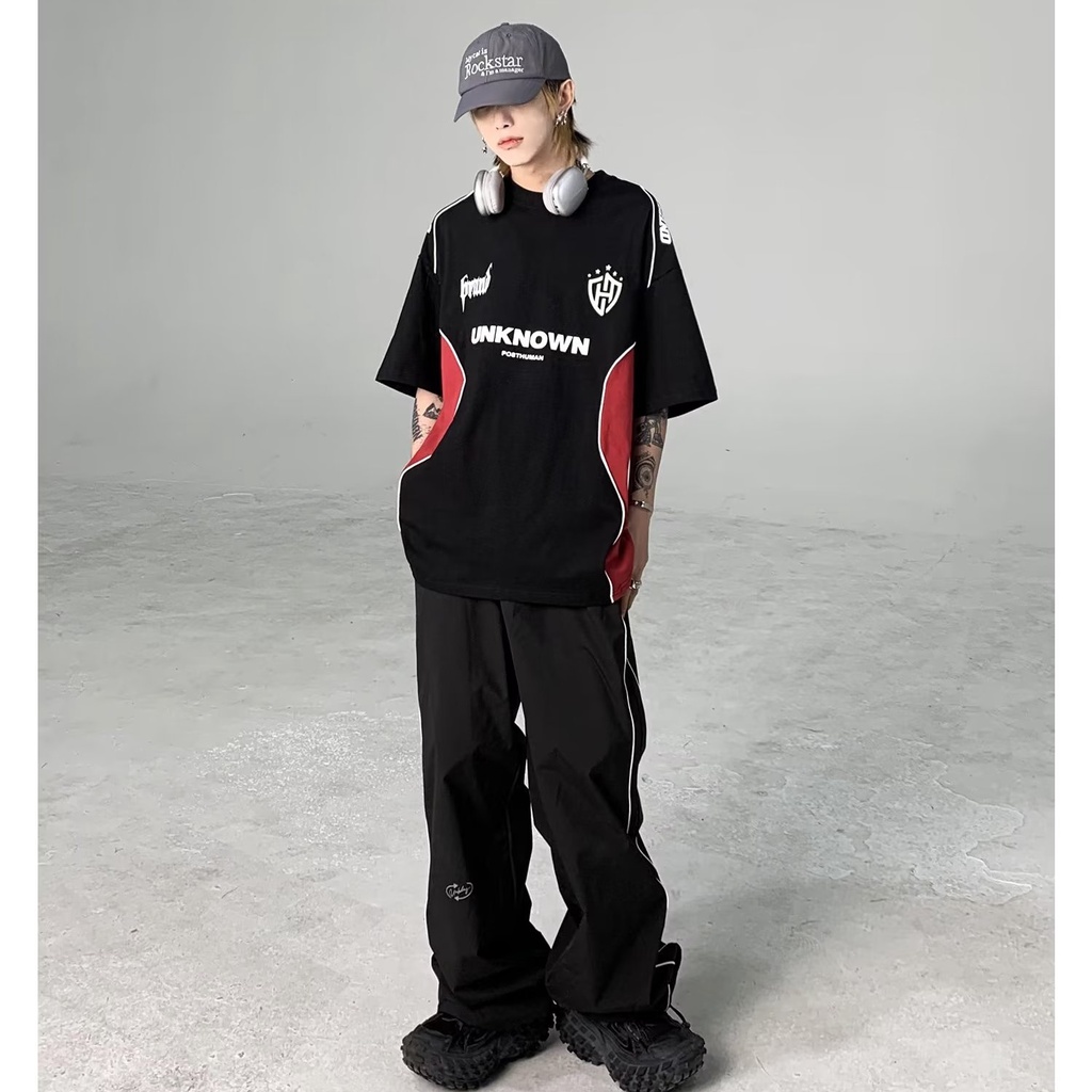 Áo Thun Thể Thao Tay Lỡ Dáng Rộng Màu Sắc Tương Phản Phong Cách Hip Hop Thời Trang Cho Nam