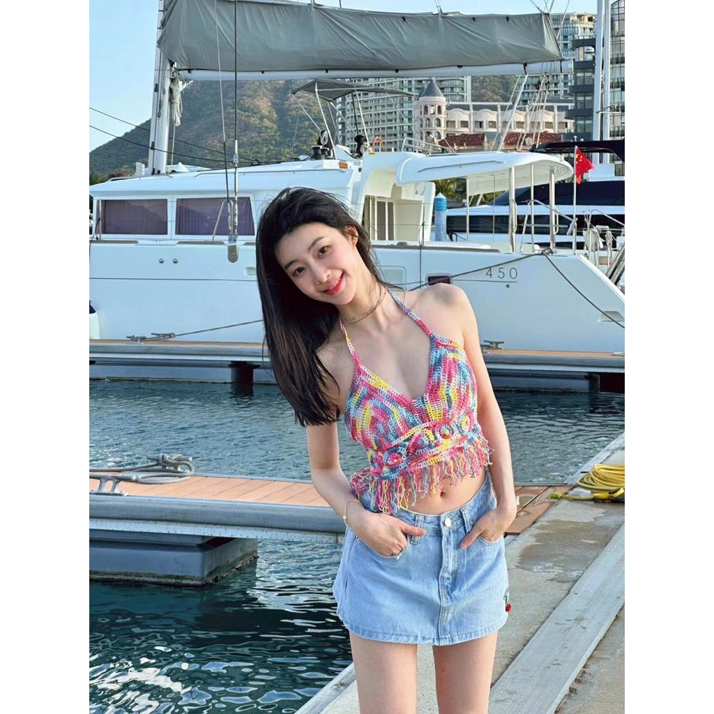 Niche Áo Hai Dây Dáng Ngắn Có Đệm Ngực Thiết Kế Nhân Vật Nhiều Màu Sắc Mặc Trong Kỳ Nghỉ