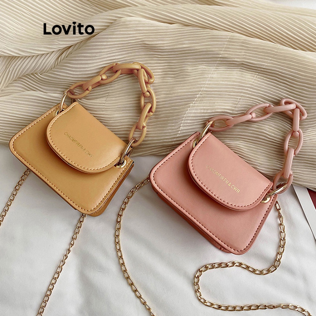 Túi hobo LOVITO tròn chuỗi dây xích họa tiết chữ cái thanh lịch cho nữ L48BA035 (kaki/ trắng/ hồng/ đen)