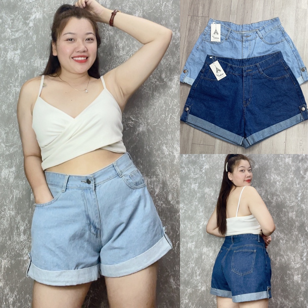 Quần jean đùi Bigsize CÔ NHỎ nữ lật lai dáng chữ A lưng cao không co giãn, Quần short bò nữ một khuy ống rộng 58-93kg J2