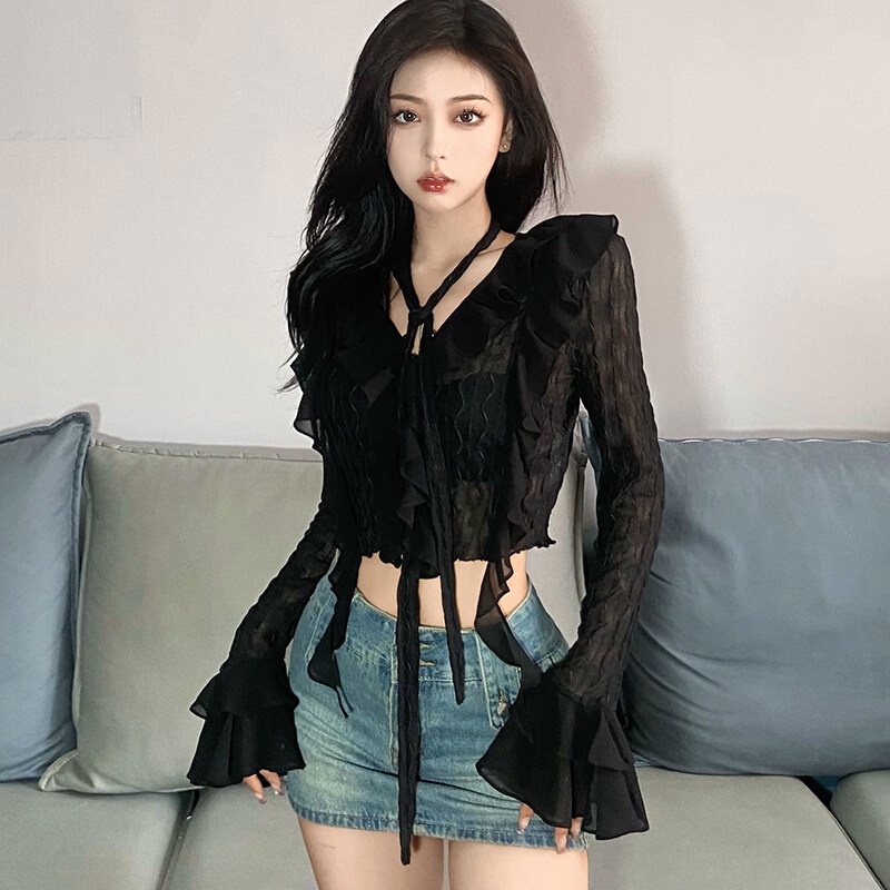 Kliou Áo Thun Tay Chuông Ôm Sát Phối Ren Màu Đen Quyến Rũ Thời Trang Mùa Hè 2023