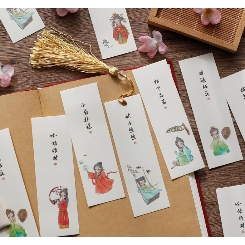 Set 8 Thẻ Đánh Dấu Trang Sách Hình Cô Gái Phong Cách Trung Hoa Sáng Tạo
