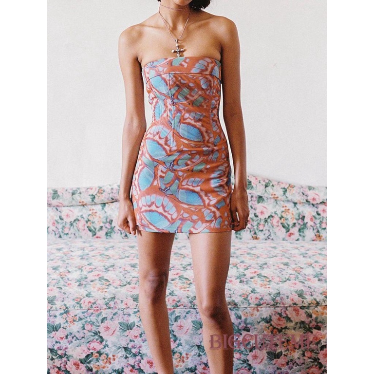 [] [] Đầm Mini Không Tay In Hoa / Bướm Không Dây Dạng Ống Ngắn Cho Nữ