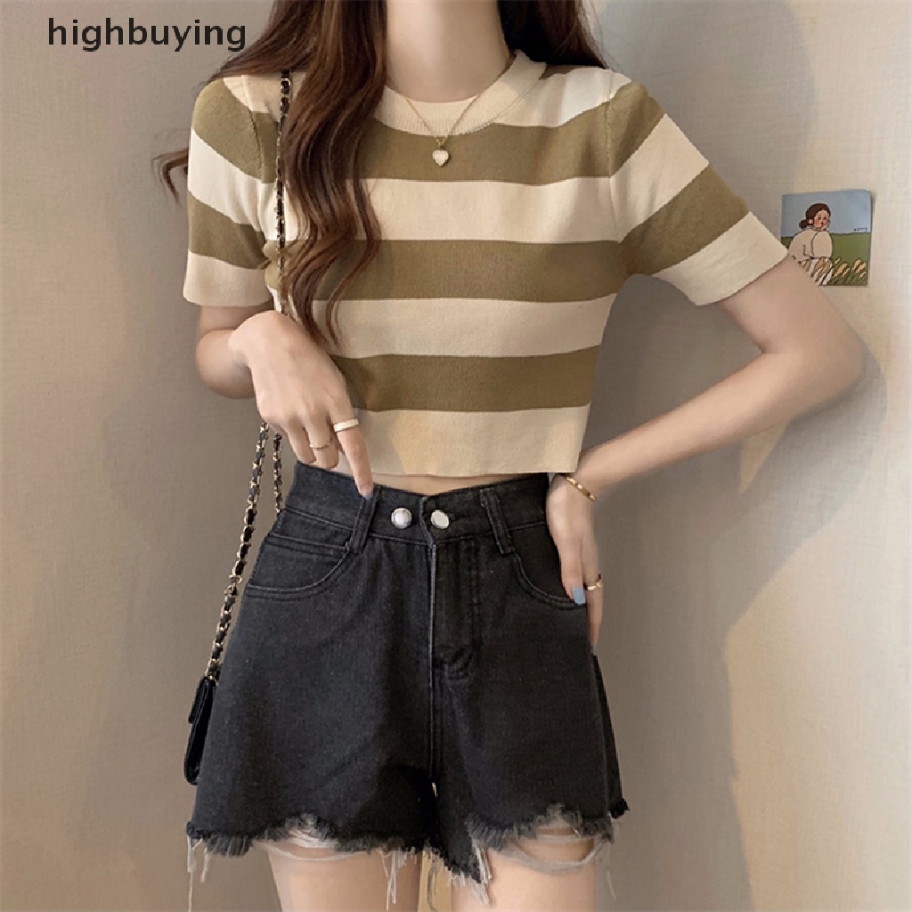Áo Thun Croptop Dệt Kim Ngắn Tay Cổ Tròn Họa Tiết Kẻ Sọc Phong Cách Vintage