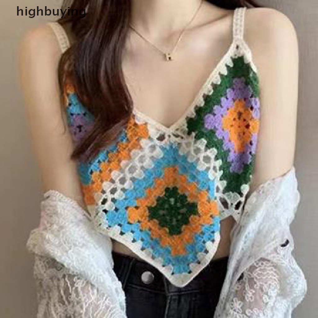 Áo Hai Dây Dệt Kim Cổ Chữ V Thêu Họa Tiết Phong Cách Retro Cho Nữ