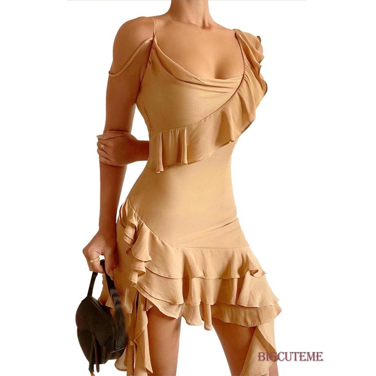 [] - Đầm Mini Ôm Dáng Không Tay Màu Trơn Viền Bèo Nhún Cho Nữ