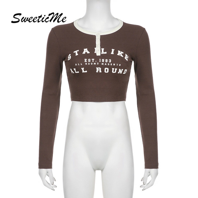 Áo Thun Crop Top Tay Dài Cổ Tròn In Chữ Thời Trang 2023 Dành Cho Bạn Nữ