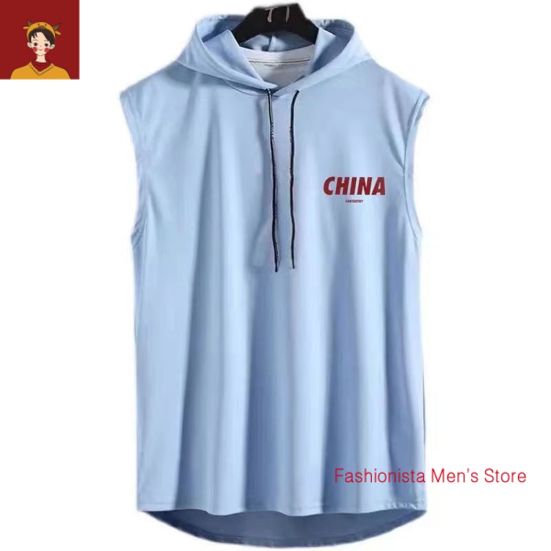 Áo Thun Sát Nách Có Nón Bằng Vải Cotton Phong Cách Đường Phố Hong Kong Thời Trang Mùa Hè Cho Nam t12