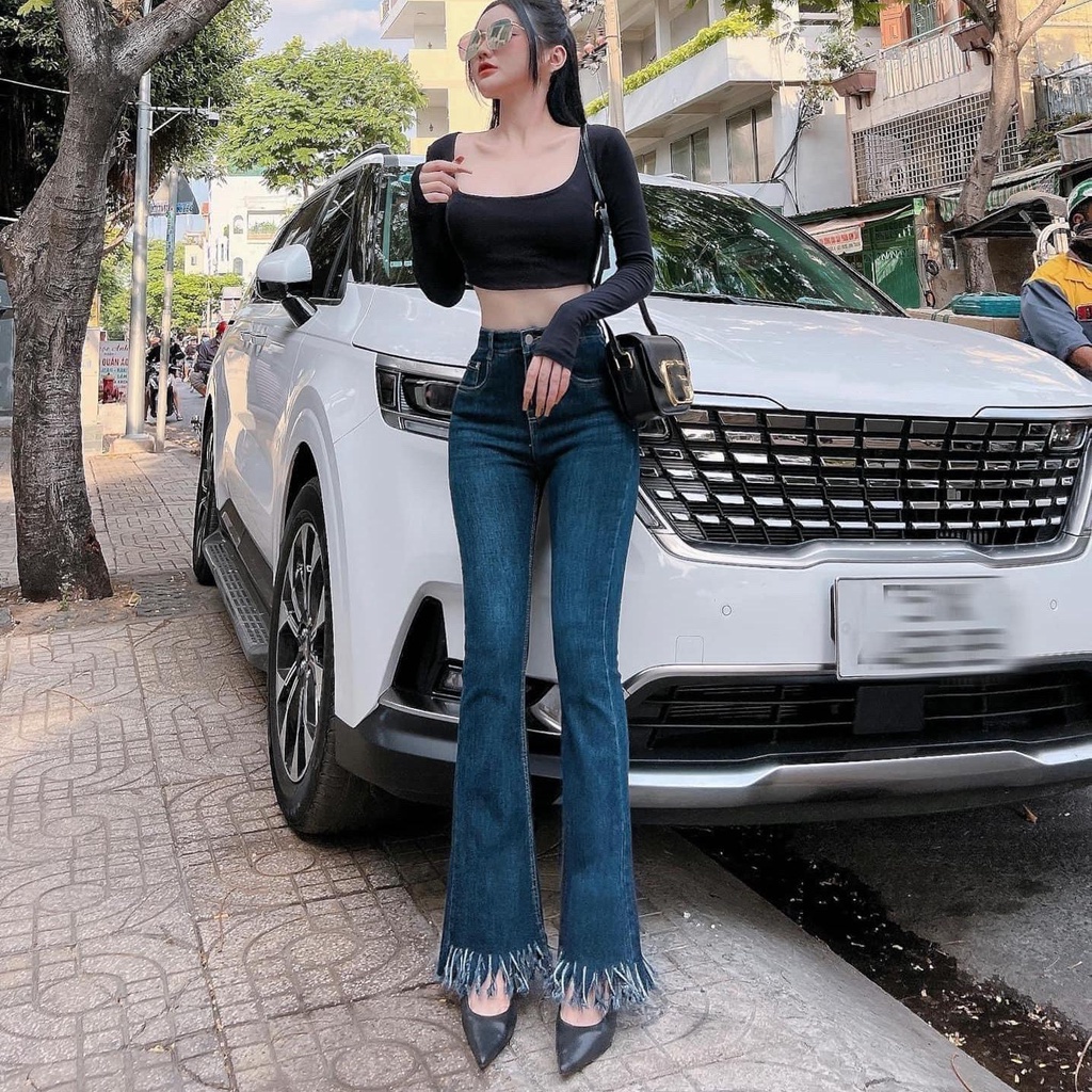 Quần loe cạp siêu cao lai rách tua kiểu dài 102cm Q239