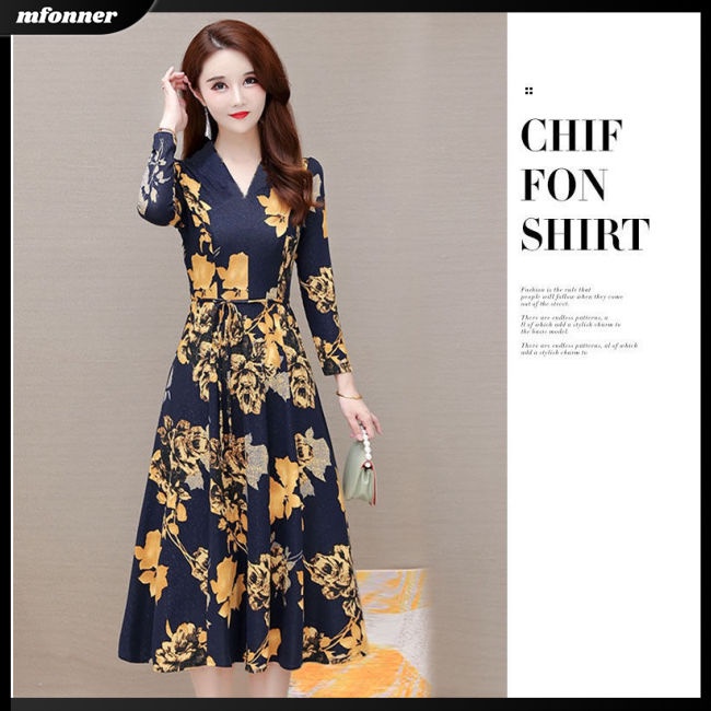 Đầm Dài Tay Cổ Chữ V Họa Tiết Hoa Ngọt Ngào Thanh Lịch Cho Nữ