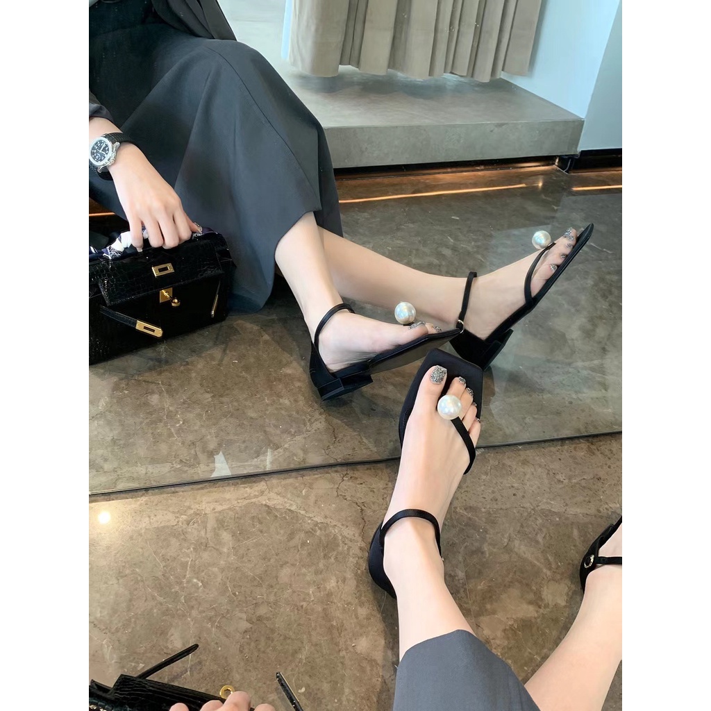 Giày Sandal Gót Dày Mũi Vuông Quai Đính Ngọc Trai Đơn Giản Dễ Phối Đồ Thời Trang Mùa Hè Cho Nữ Crush157