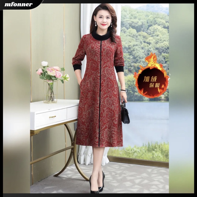 Đầm Dài Tay Cổ Lọ Size Lớn In Họa Tiết Retro Thời Trang Dành Cho Nữ