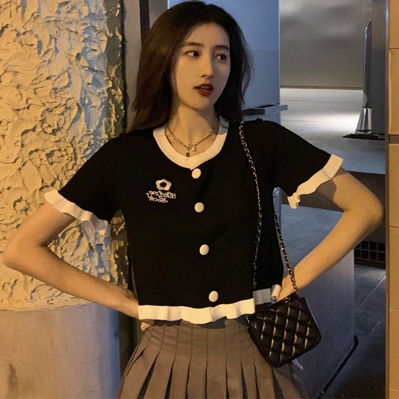 Jiashucheng Áo Thun Cardigan Mỏng Thêu Họa Tiết Màu Sắc Tương Phản Thời Trang Mùa Hè Cho Nữ