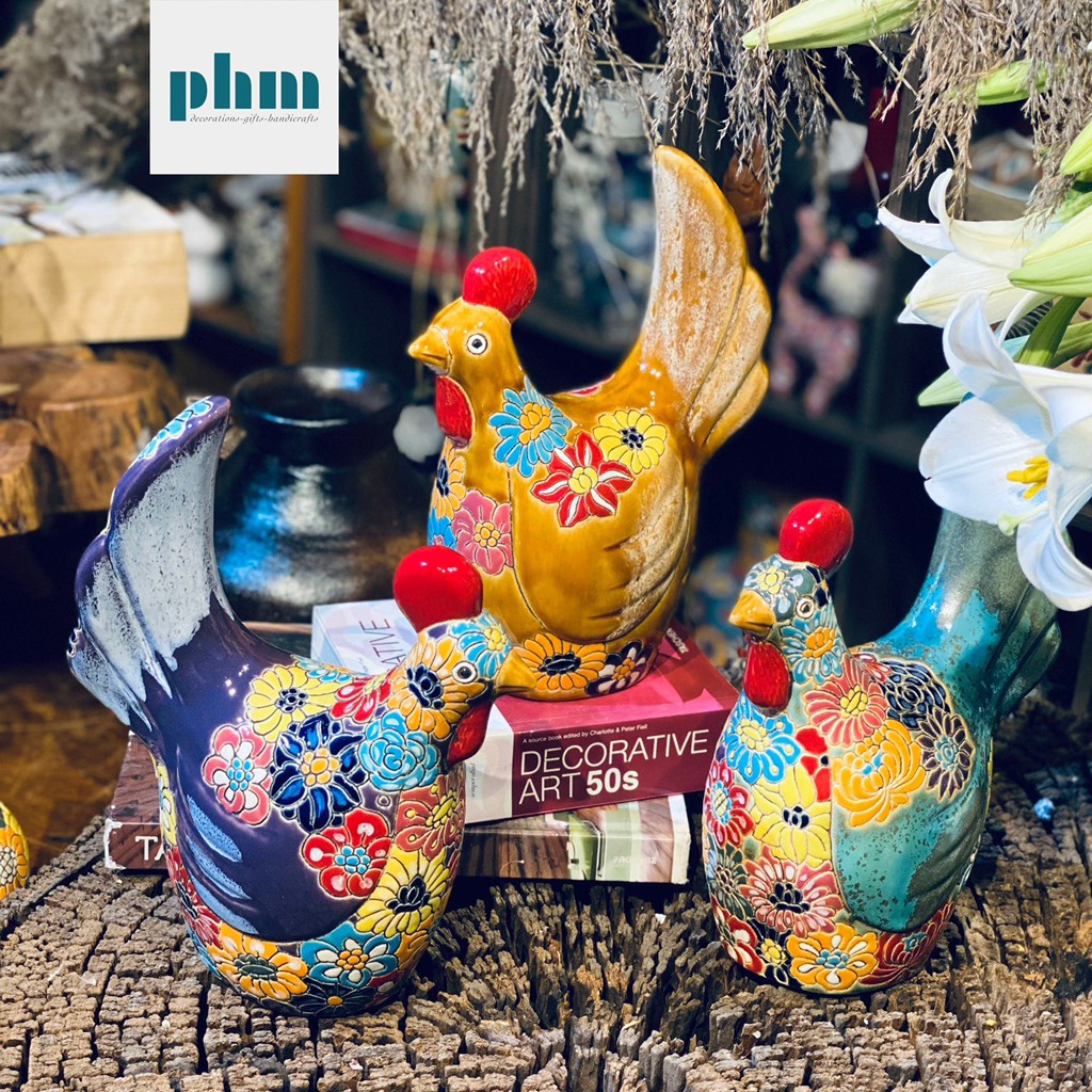 Gà gốm bách hoa điêu khắc thủ công