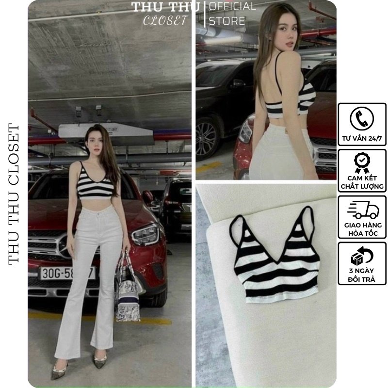 Áo hai dây kẻ croptop cá tính