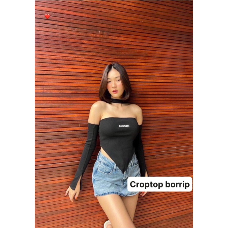 Áo bẹt vai phối chocker thêu chữ HP alohashop91