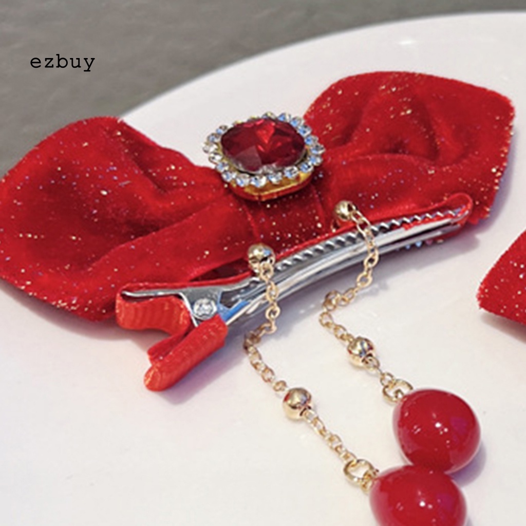 1 Cặp Kẹp Tóc Nơ Đính Ngọc Trai Giả Phối Tua Rua May Mắn Cho Bé Mặc Hàng Ngày Năm Mới